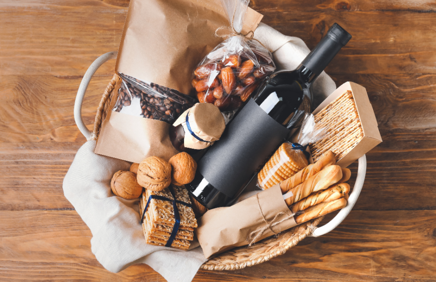 gift basket with wine and cookies and coffee beans