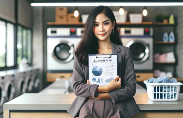 woman holding a business plan for laundry