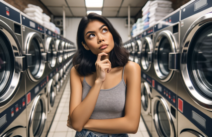 woman thinking about laundry shop name